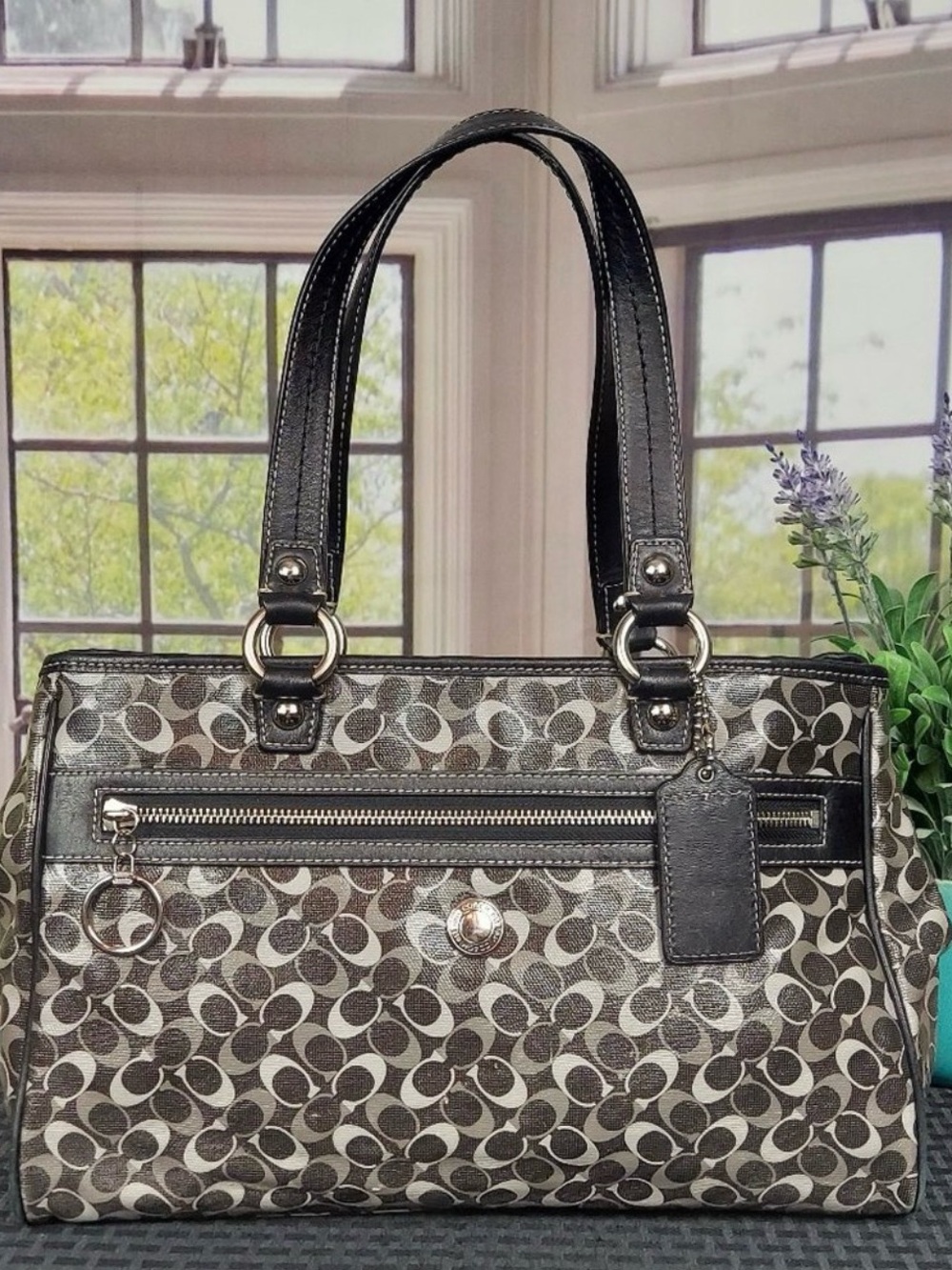 Coach Brown and Black Signature Shoulder Tote